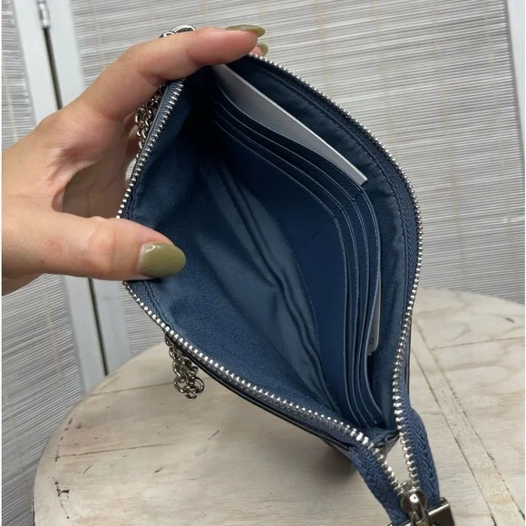 Coach Blue Crossgrain Leather Chain Wristlet Clutch Silver Hardware NWT - Picture 8 of 9